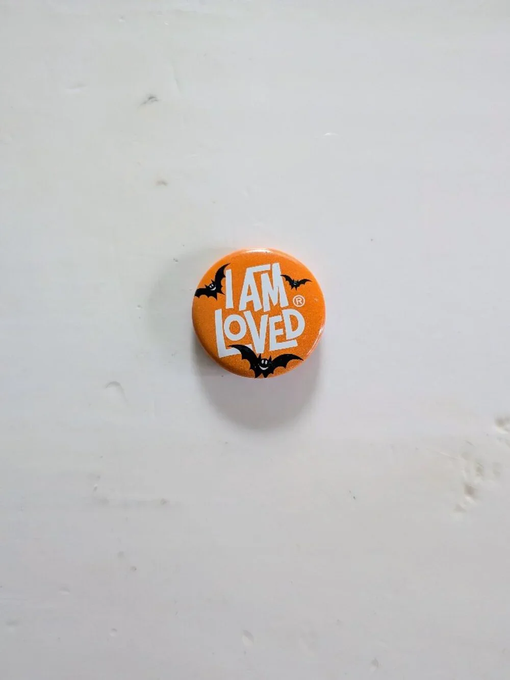 Rare VTG 80s I Am Loved Halloween Pin Button Helzberg Foundation Orange Bats USA